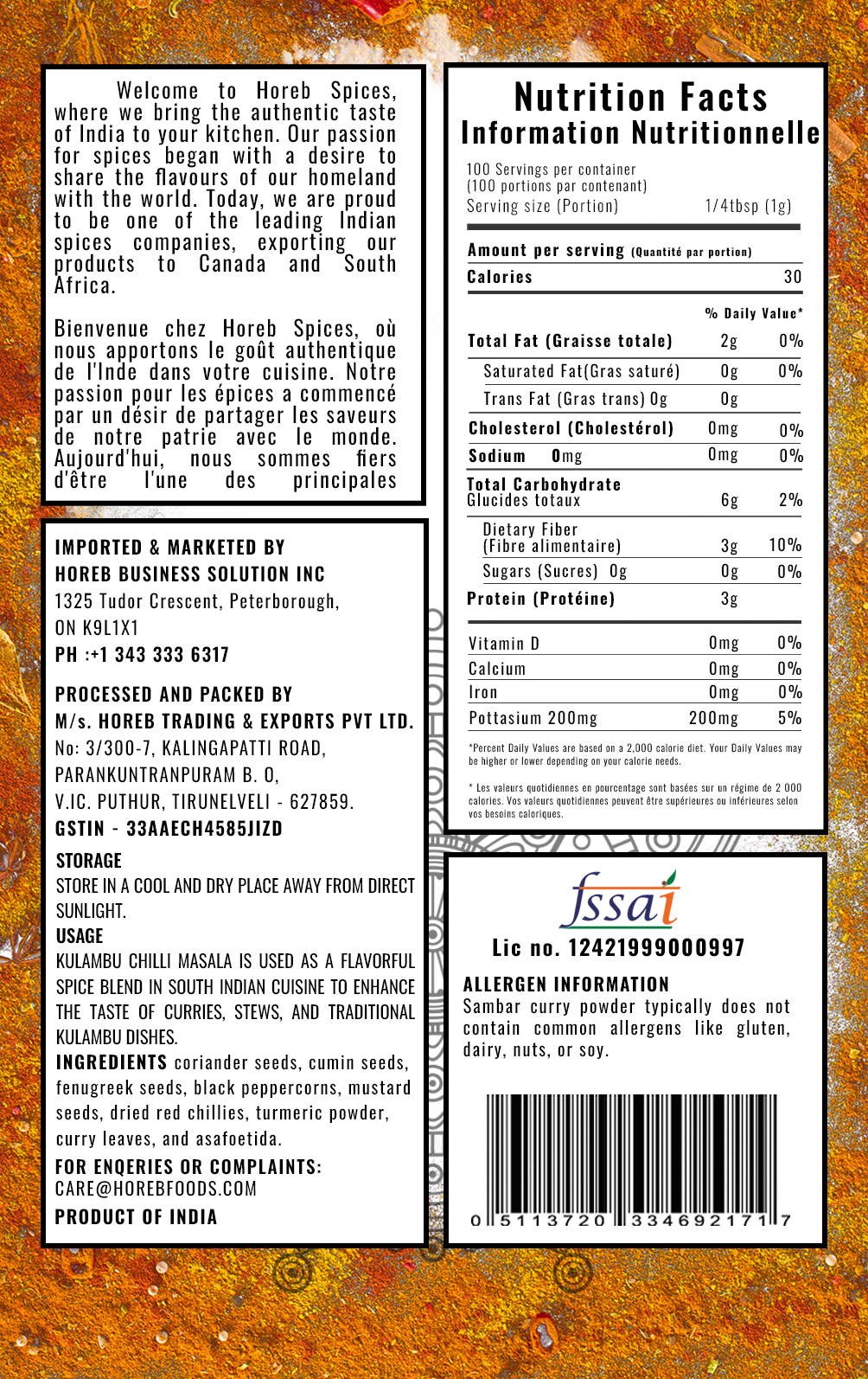 Sambar Curry Powder - Back